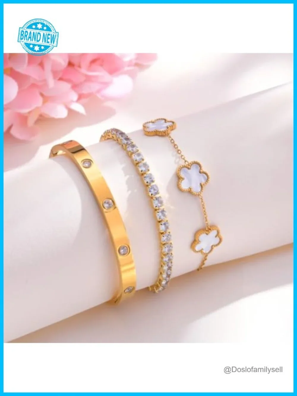 Stackable Floral Gold Plated Bangle Bracelet Set - 3 Pieces, 18K Gold Plated,